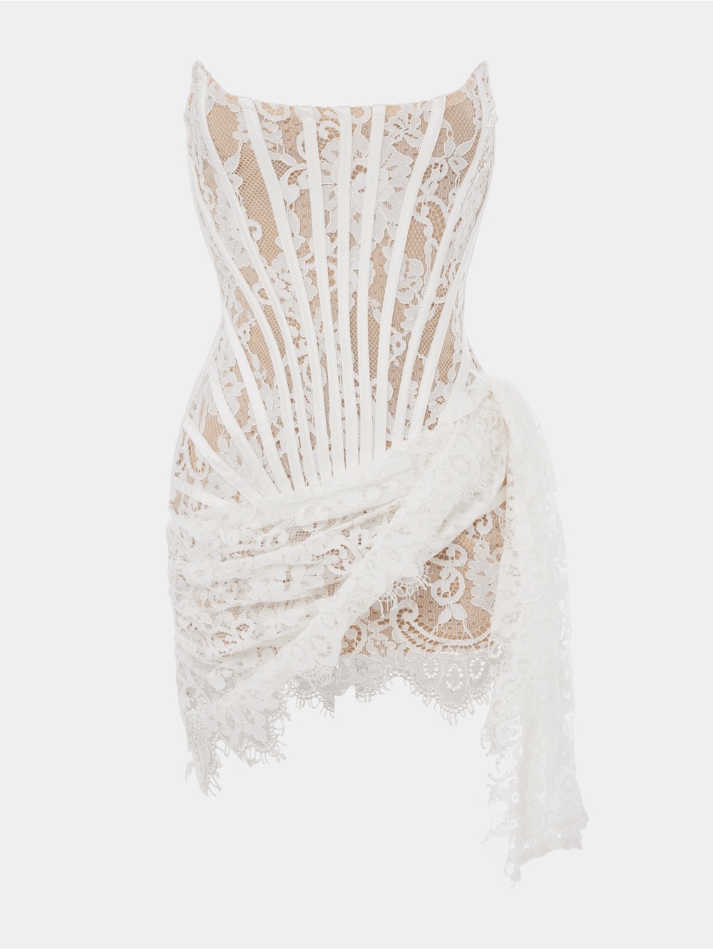 Heiress Beverly Hills White Lace Draped Corset Mini Dress
